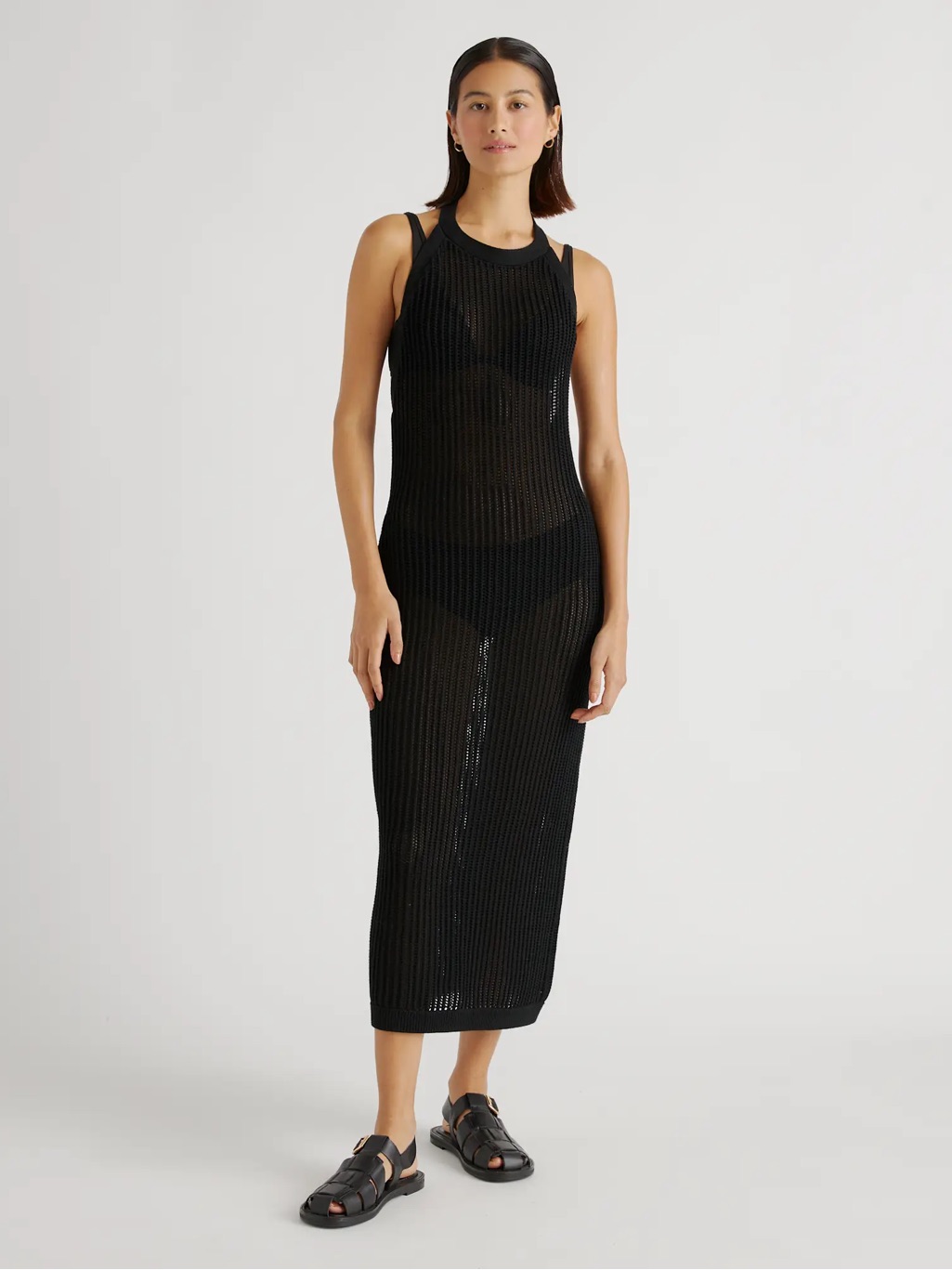 Nwot Quince 100% Organic Cotton Open-Knit Cover-Up Maxi Dress Medium Black 0187